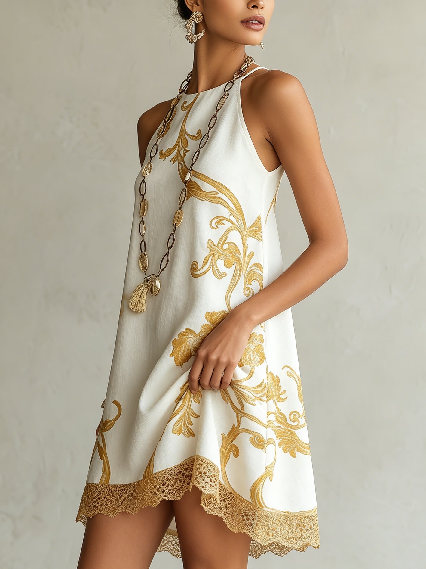Elegant White Floral Halter Mini Dress for Women with Flowy A Line Style