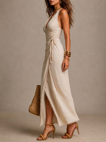Elegant Beige Satin Wrap Maxi Dress for Women with V-Neck Thigh Slit Formal Wedding Guest Style