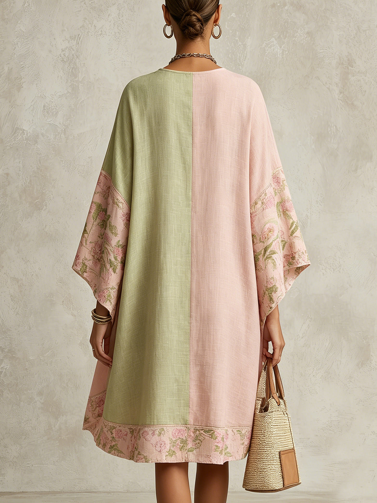 Effortless Color Block Kaftan Maxi Dress for Women with V-Neck Flowing Kimono Sleeve