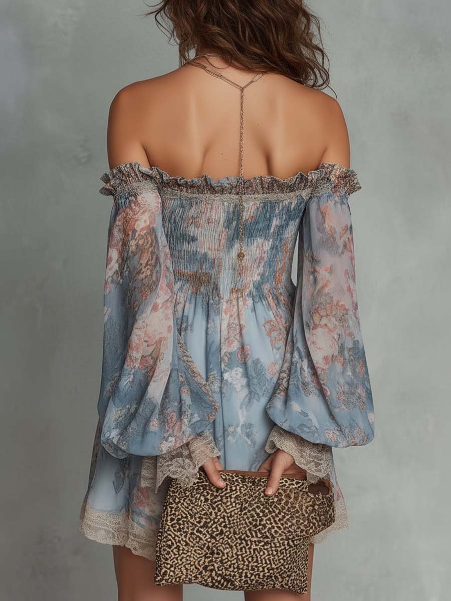 Effortless Blue Floral Mini Dress for Women with Off Shoulder Balloon Sleeve Lace Trim