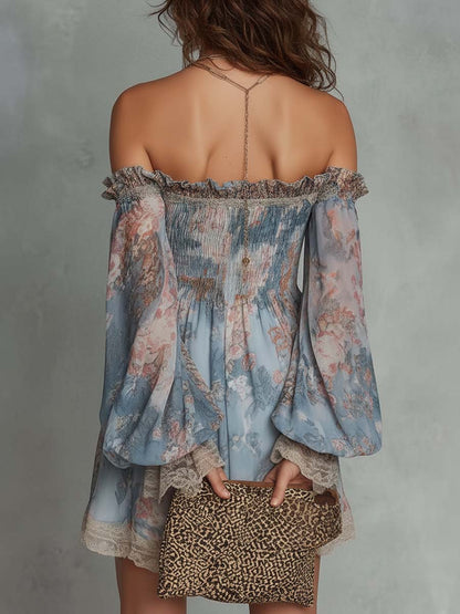 Effortless Blue Floral Mini Dress for Women with Off Shoulder Balloon Sleeve Lace Trim