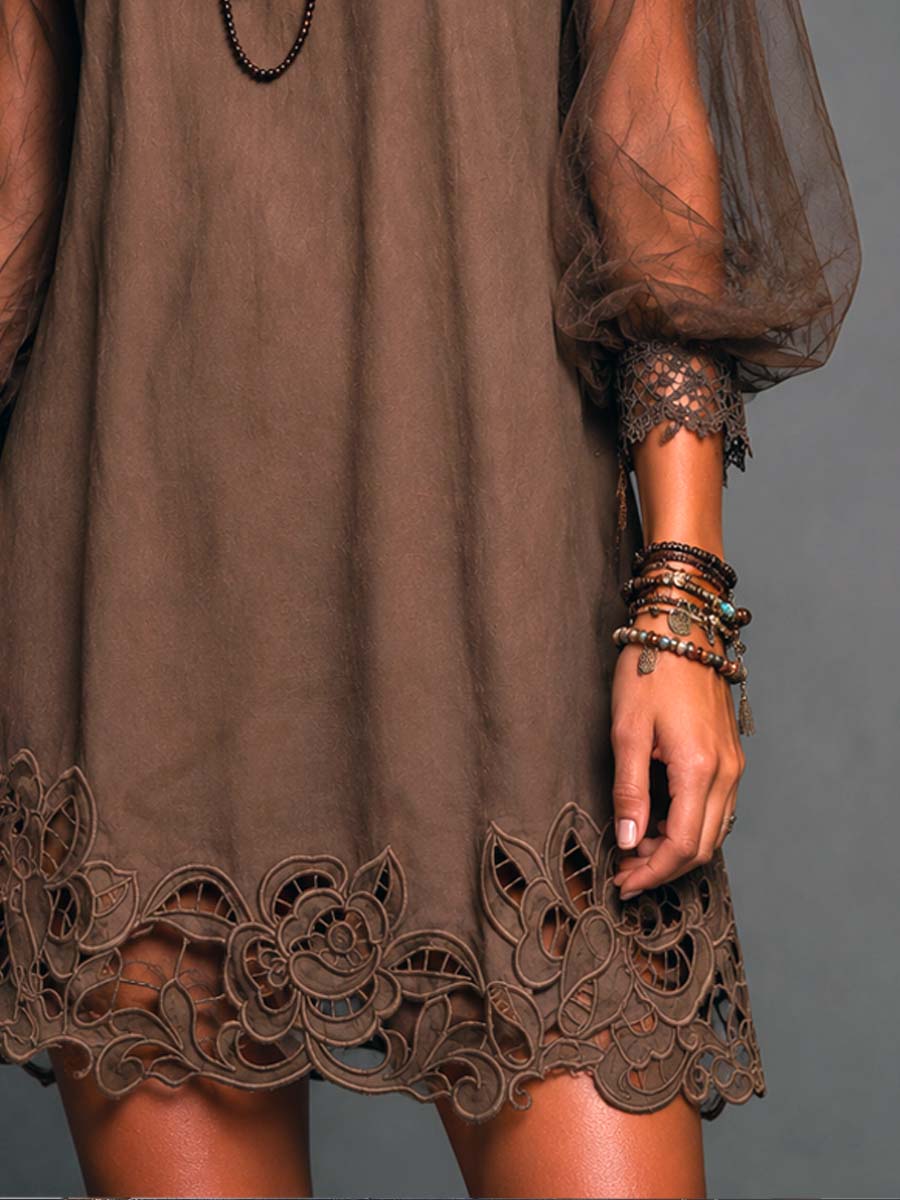 Effortless Brown Mini Dress for Women with Round Neck Sheer Long Sleeve Crochet Hem Flowing Boho Style