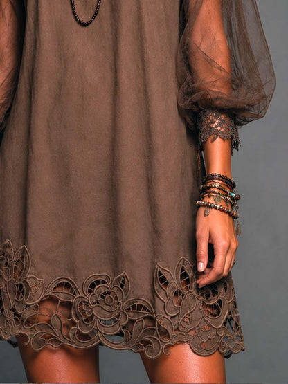 Effortless Brown Mini Dress for Women with Round Neck Sheer Long Sleeve Crochet Hem Flowing Boho Style