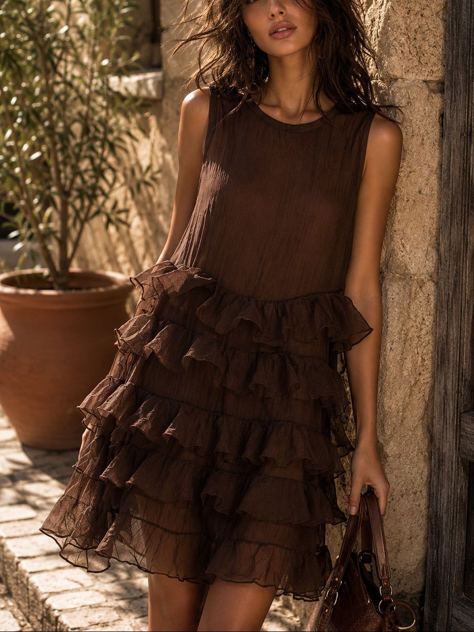 Effortless Brown Tiered Mini Dress for Women with Round Neck Ruffle Sleeveless