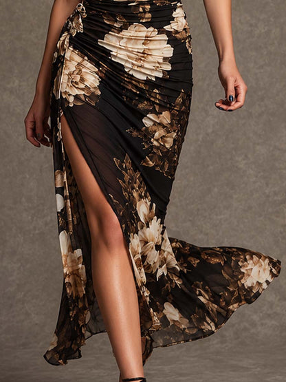 Elegant Black Floral Maxi Dress for Women with Wrap Ruched High Slit Mermaid Style