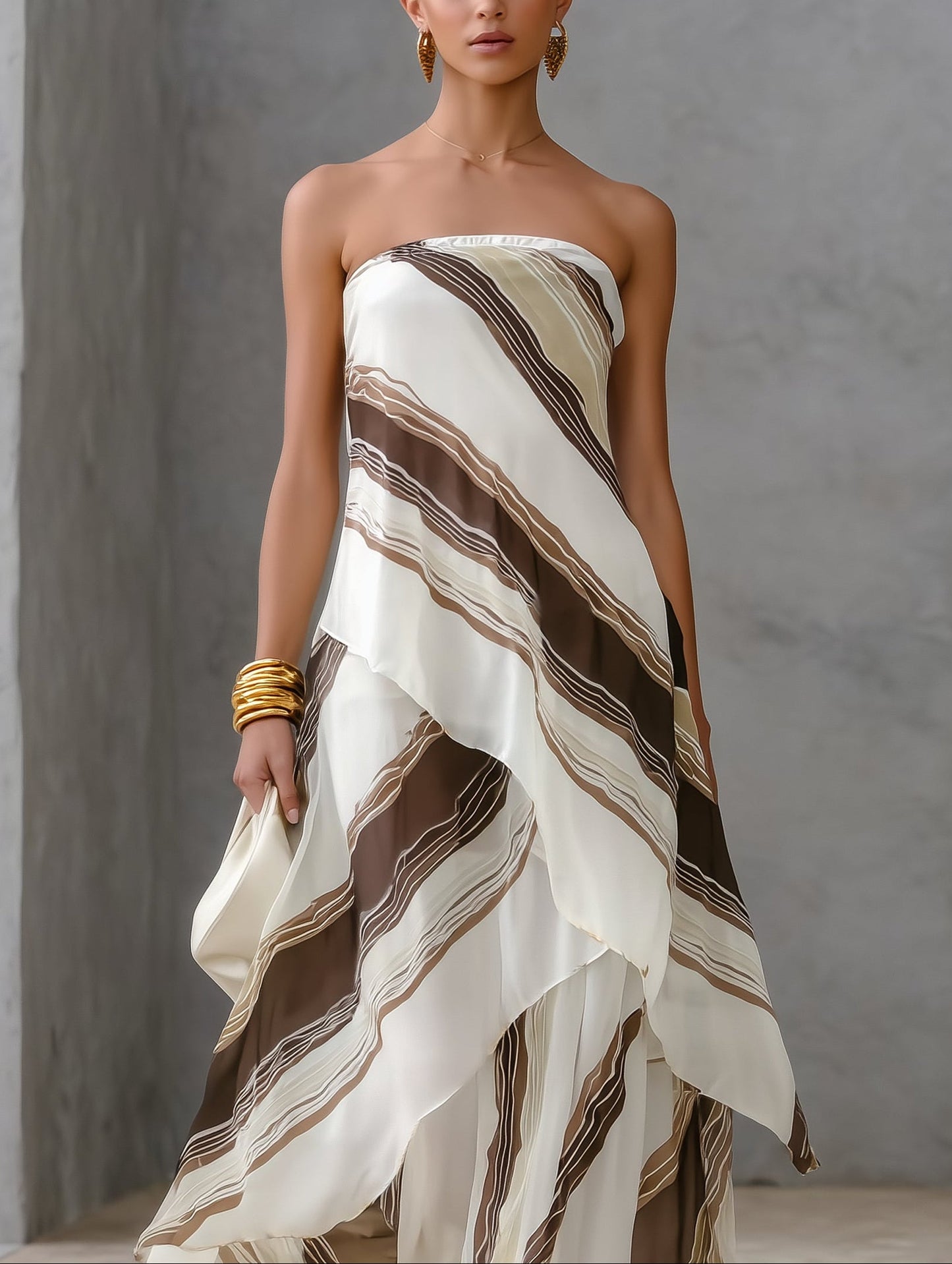 Elegant White Striped Maxi Dress for Women with Strapless Draped Asymmetric Hem
