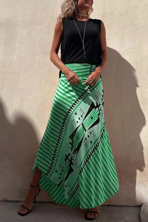 Effortless Geometric Print Maxi Skirt for Women with High Waist Asymmetrical Hem Bohemian Style