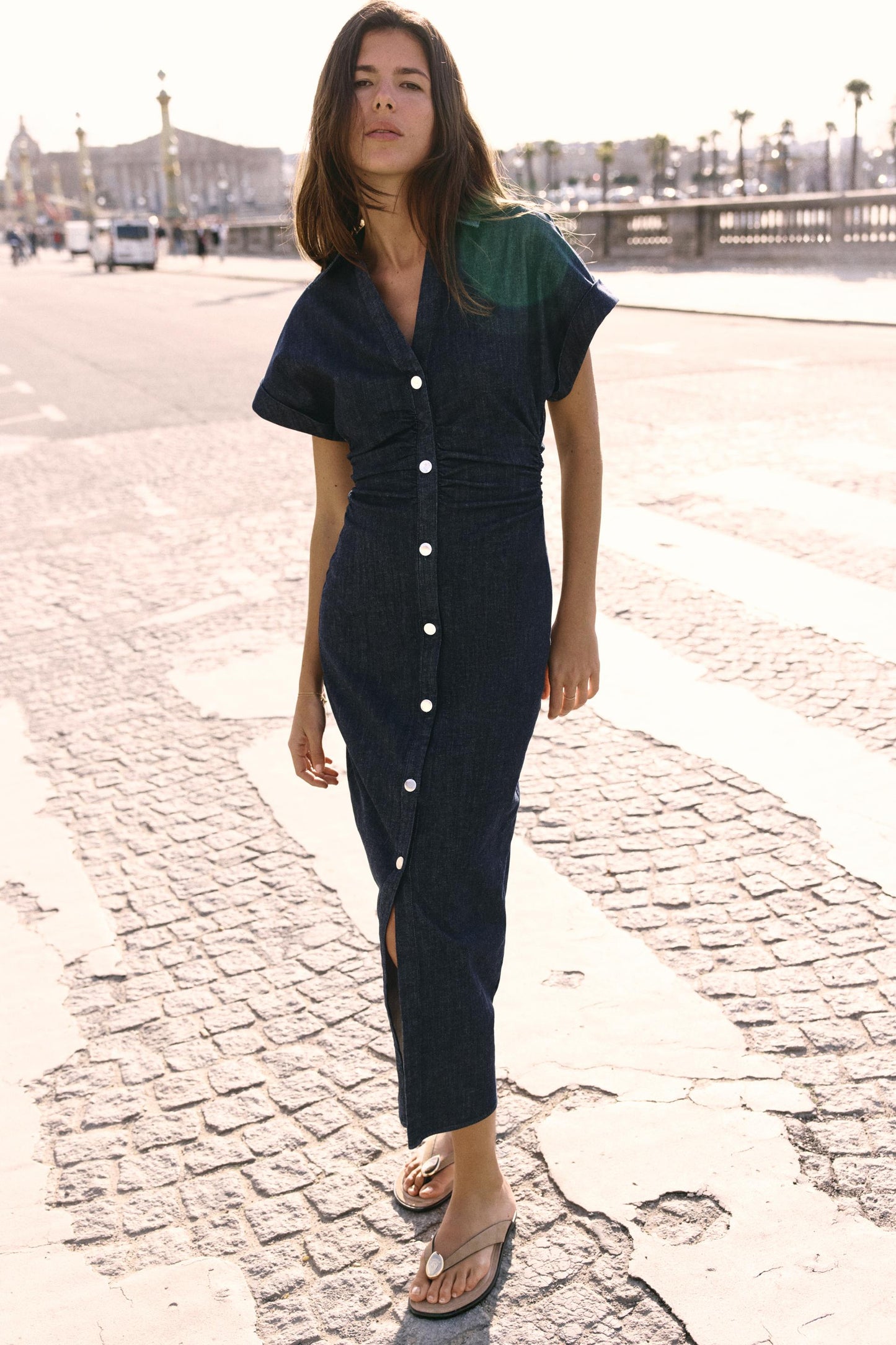 Elegant Indigo Denim Dress for Women with Collared V Neck Short Sleeve Button Front Ruched Maxi Style