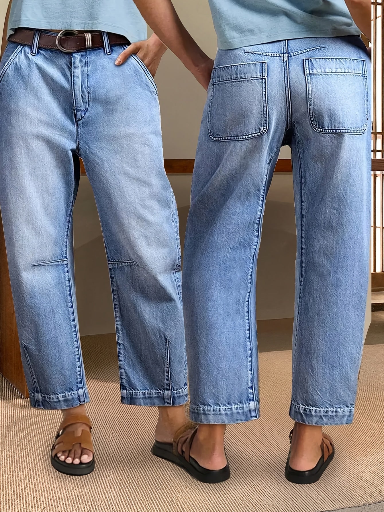 Effortless Light Blue Denim Mom Jeans for Women with High Waist Patch Pocket Tapered Ankle Slit Style