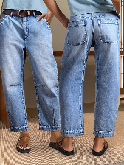 Effortless Light Blue Denim Mom Jeans for Women with High Waist Patch Pocket Tapered Ankle Slit Style