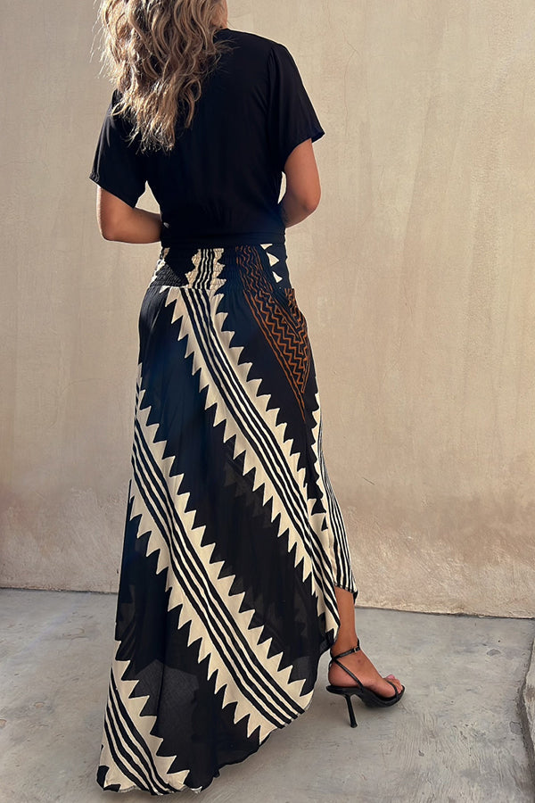 Effortless Geometric Print Maxi Skirt for Women with High Waist Asymmetrical Hem Bohemian Style