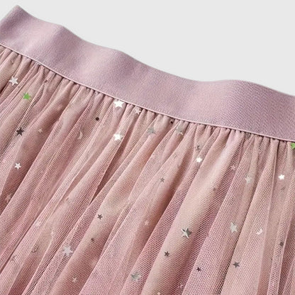 Effortless Pink Star Sequin Tulle Skirt for Women with High Waist Handkerchief Hem Sparkle Flowing Style