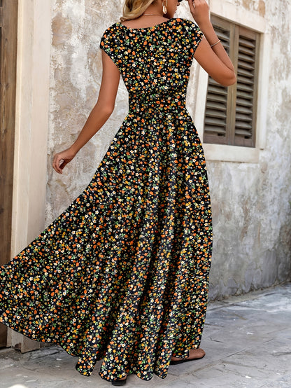 Effortless Floral Boho Dress for Women with V Neck Cap Sleeve Smocked Waist Tiered Flowing Style
