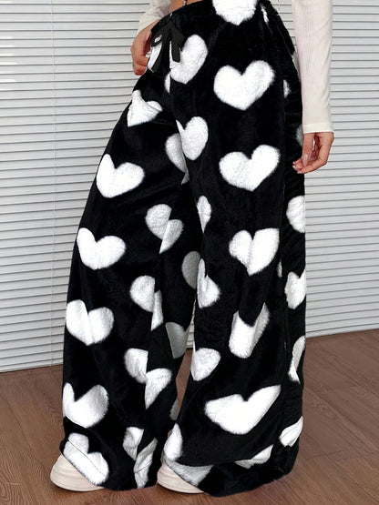 Cozy Plaid Plush Sweatpants for Women with Drawstring Waist Wide Leg Fleece Lounge Style