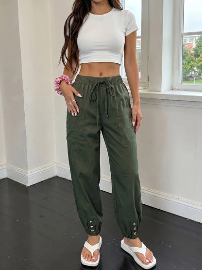 Effortless Green Cargo Pants for Women with High Waist Drawstring Elastic Cuff Relaxed Style