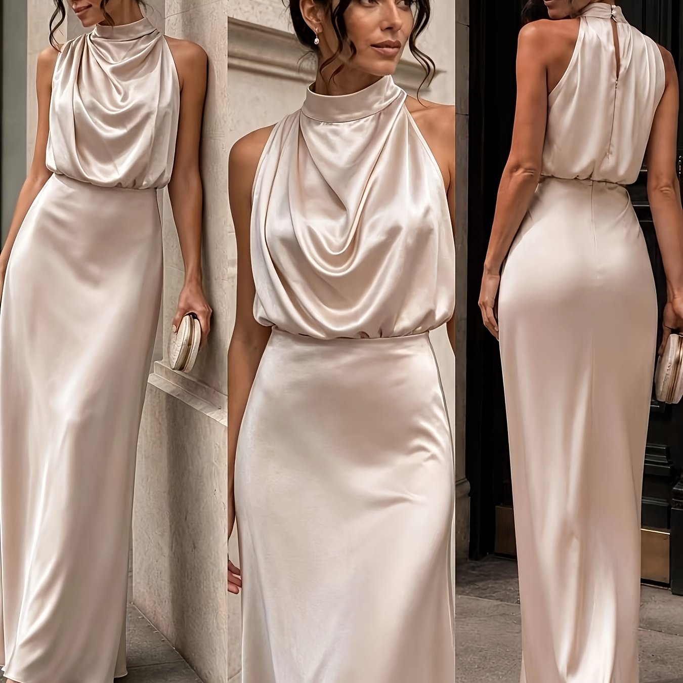 Elegant Champagne Satin Dress for Women with Cowl Neck Sleeveless Draped Column Wedding Guest Style