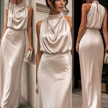 Elegant Champagne Satin Dress for Women with Cowl Neck Sleeveless Draped Column Wedding Guest Style
