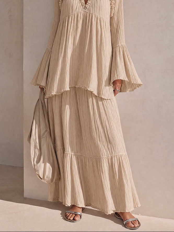 Effortless Beige Maxi Dress for Women with V-Neck Bell Sleeve Tiered Ruffle