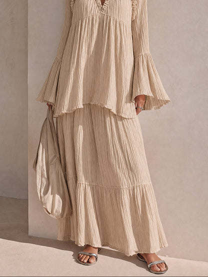 Effortless Beige Maxi Dress for Women with V-Neck Bell Sleeve Tiered Ruffle