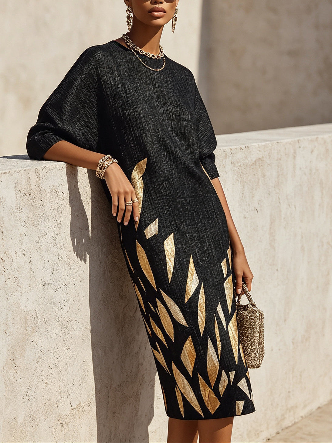 Effortless Black Printed Midi Dress for Women with Round Neck Elbow Sleeve Relaxed Fit