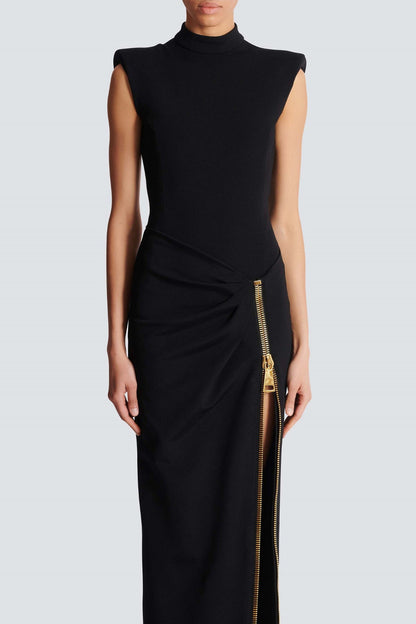 Sleek Black Maxi Dress for Women with Mock Neck Sleeveless Front Slit Bodycon Evening Style