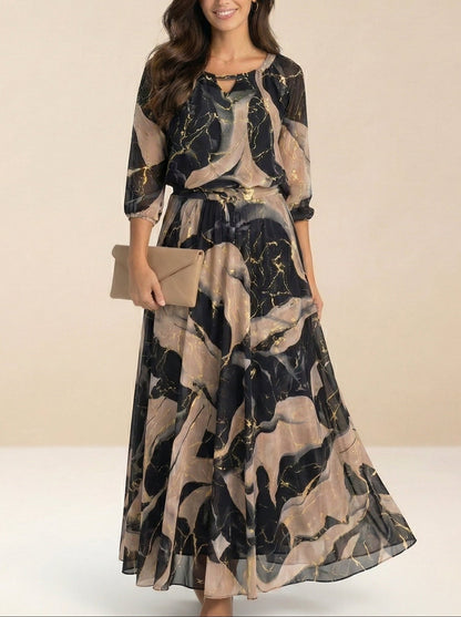 Elegant Black Marble Print Maxi Dress for Women with Split Neck Bell Sleeve Belted Autumn Wedding Guest Style