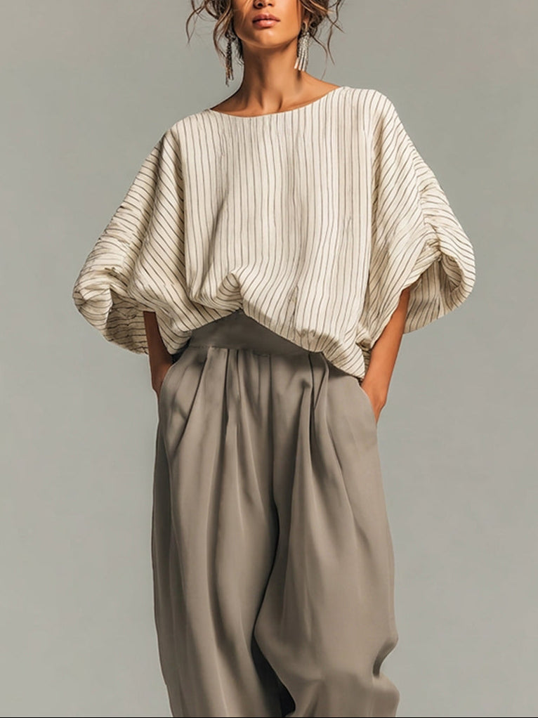 Effortless Two Tone Wide Leg Pants Set for Women with Cropped Sleeve Relaxed Fit