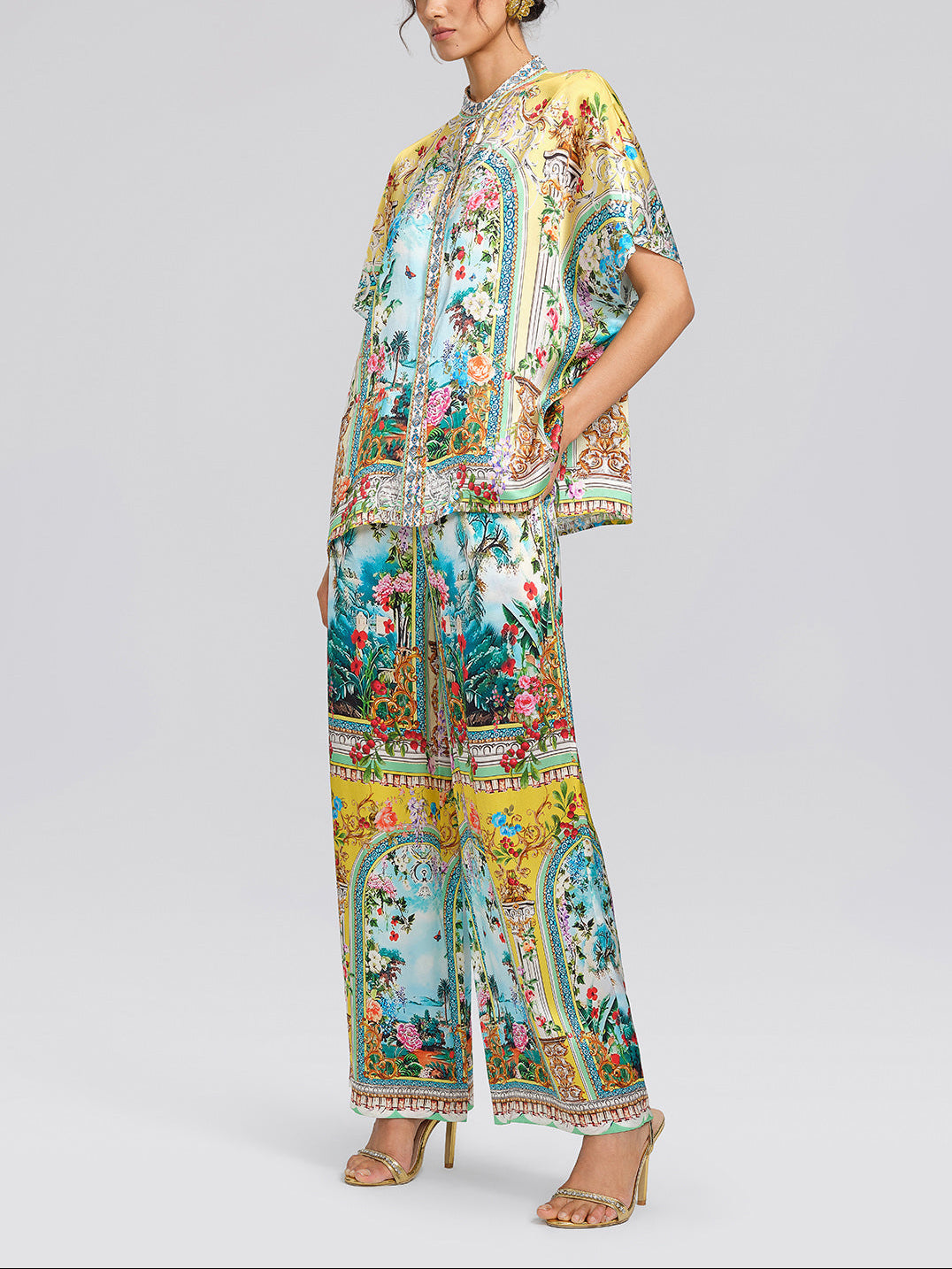 Elegant Yellow Scenic Floral Palazzo Pants Two Piece Set for Women with Short Sleeve Kimono Shirt Wide Leg Flowing Style
