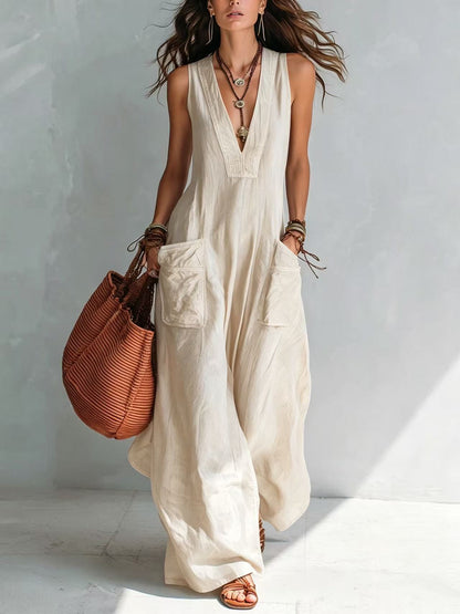 Effortless Overall Jumpsuit for Women with V Neck Wide Leg Adjustable Strap Pocket Relaxed Style