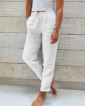 Effortless Linen Pants for Women with High Waist Drawstring Cuffed Hem Relaxed Casual Style