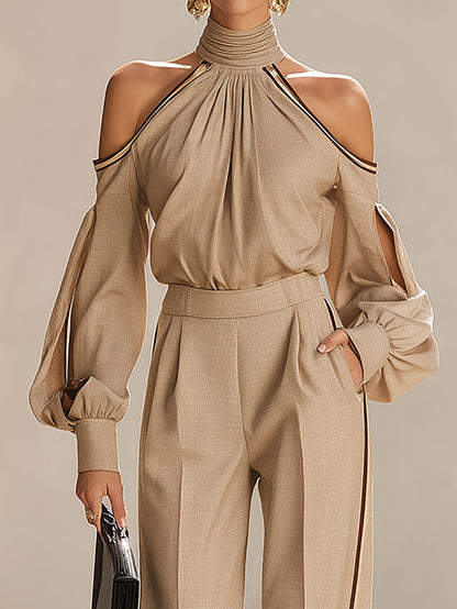 Elegant Beige Jumpsuit for Women with Cold Shoulder Long Sleeve Wide Leg