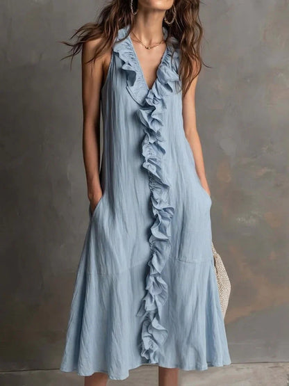 Effortless Ruffle Trim Maxi Dress for Women with V-Neck Sleeveless Flowing Style