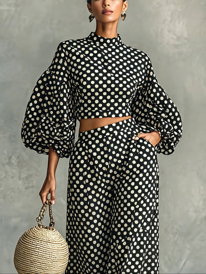 Effortless Two Piece Set for Women with Puff Sleeve Crop Top Wide Leg Palazzo Pants Polka Dot Style