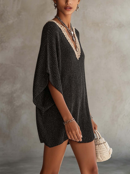 Elegant Black Crochet Trim Kaftan Cocktail Dress for Women with V Neck Batwing Sleeve Boho Style