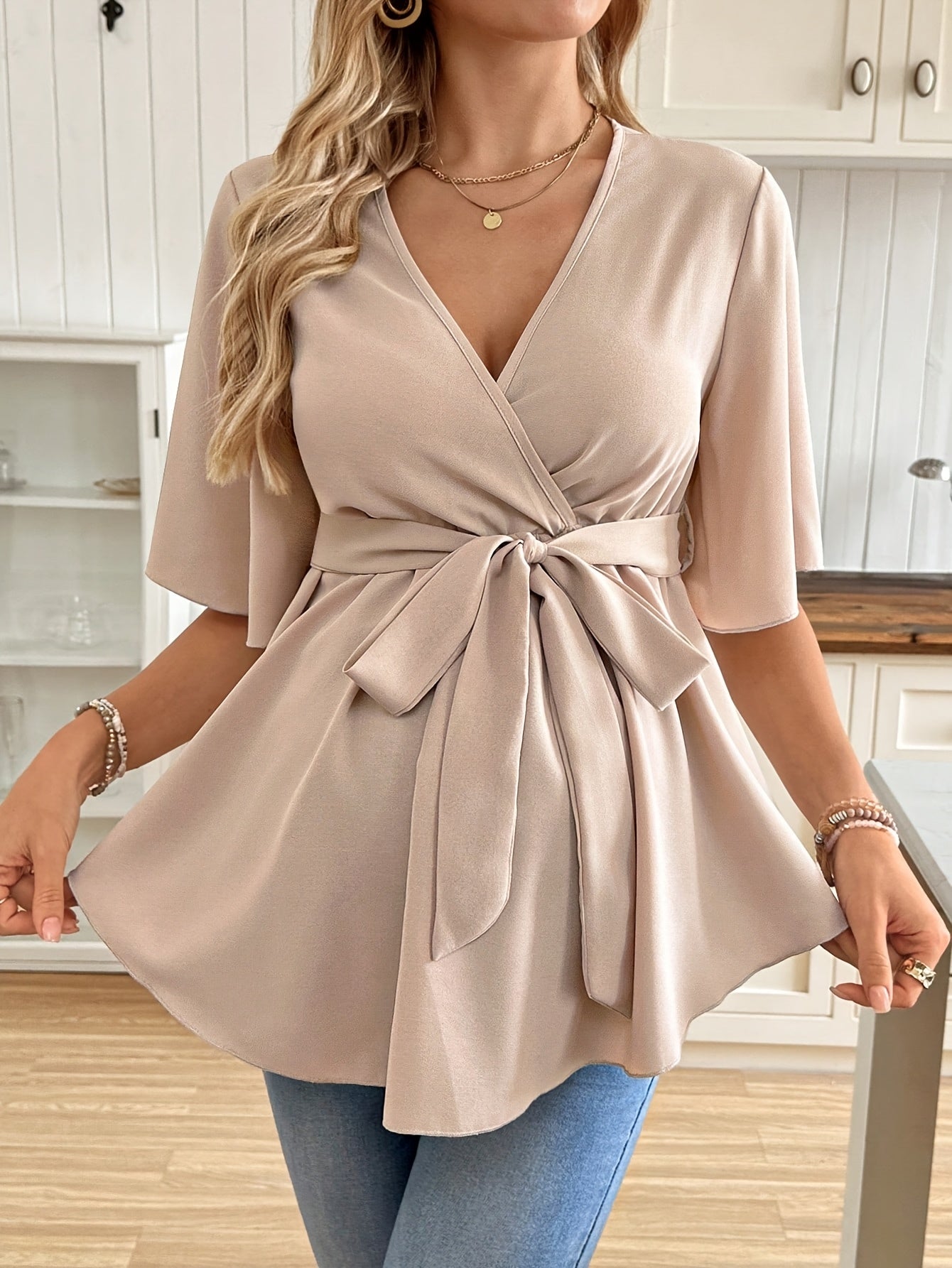 Effortless Maternity Wrap Blouse for Women with V Neck Flutter Sleeve Tie Waist Peplum Style