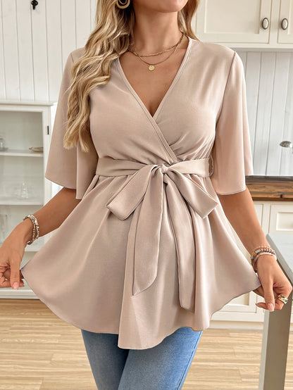 Effortless Maternity Wrap Blouse for Women with V Neck Flutter Sleeve Tie Waist Peplum Style