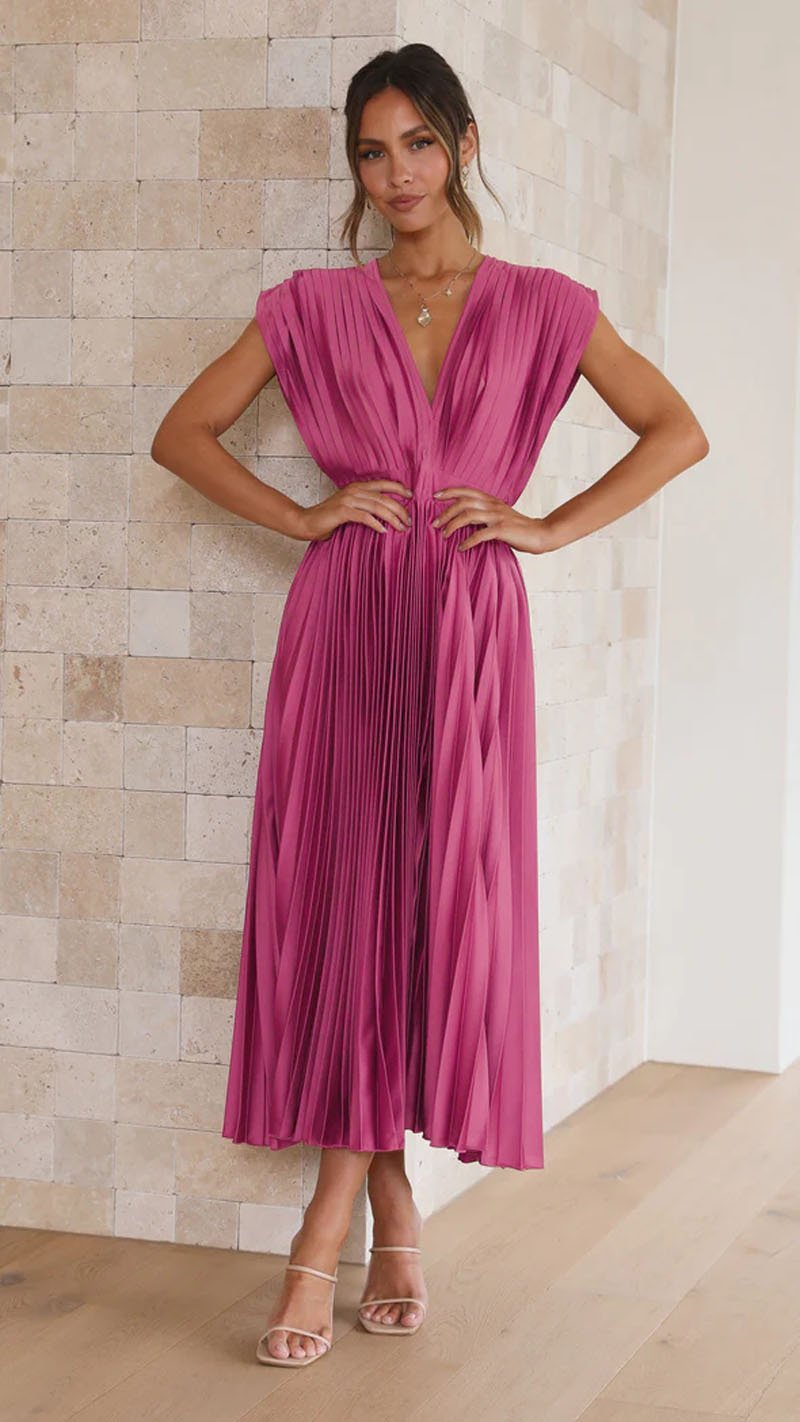 Elegant Pleated Midi Dress for Women with Deep V Neck Formal Wedding Guest Style