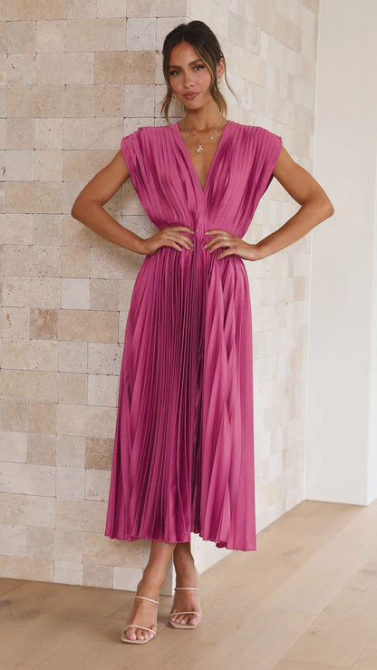 Elegant Pleated Midi Dress for Women with Deep V Neck Formal Wedding Guest Style