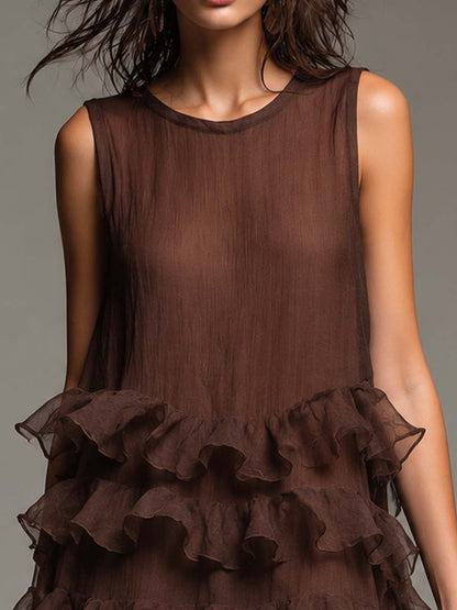 Effortless Brown Tiered Mini Dress for Women with Round Neck Ruffle Sleeveless