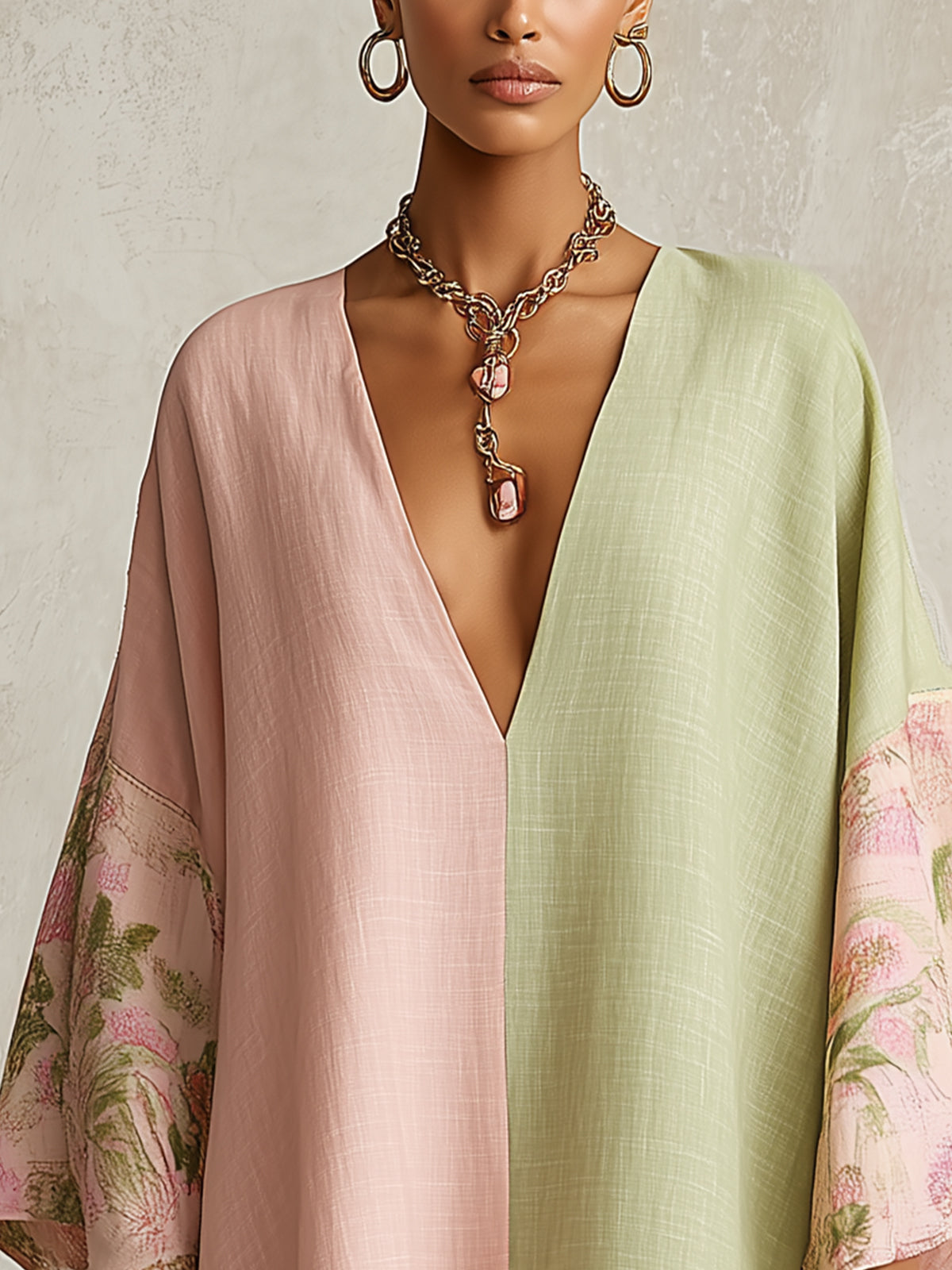 Effortless Color Block Kaftan Maxi Dress for Women with V-Neck Flowing Kimono Sleeve