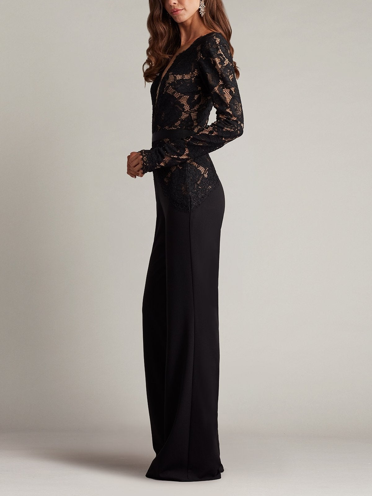 Elegant Black Deep V Neck Lace Jumpsuit for Women with Long Sleeve Wide Leg Formal Style
