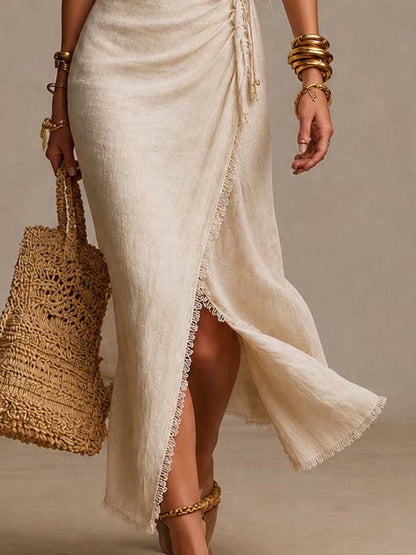 Elegant Beige Satin Wrap Maxi Dress for Women with V-Neck Thigh Slit Formal Wedding Guest Style