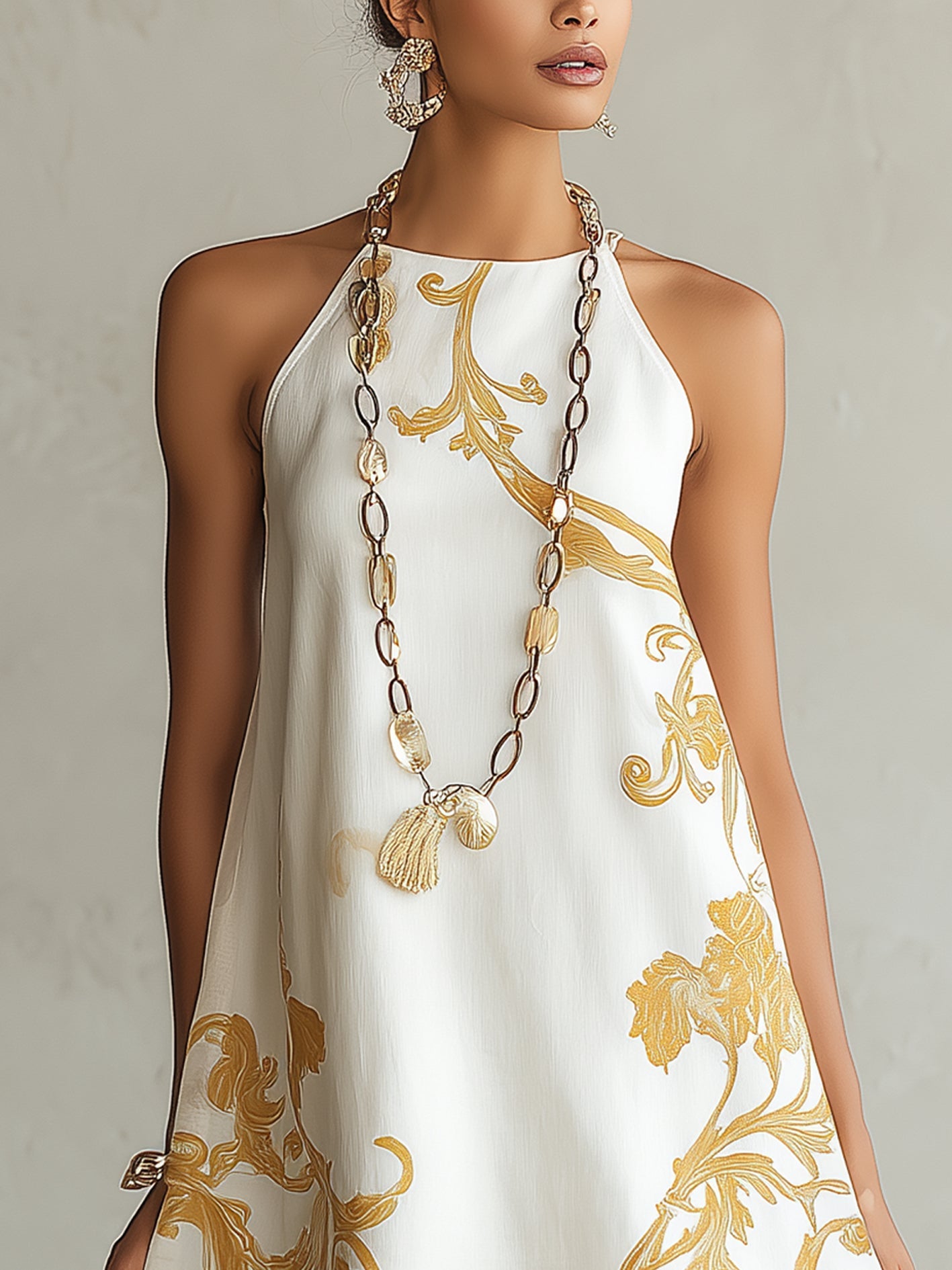 Elegant White Floral Halter Mini Dress for Women with Flowy A Line Style