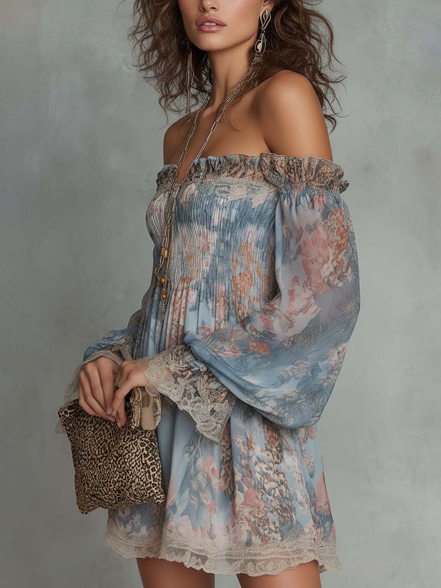 Effortless Blue Floral Mini Dress for Women with Off Shoulder Balloon Sleeve Lace Trim