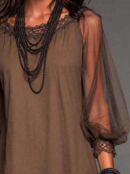 Effortless Brown Mini Dress for Women with Round Neck Sheer Long Sleeve Crochet Hem Flowing Boho Style