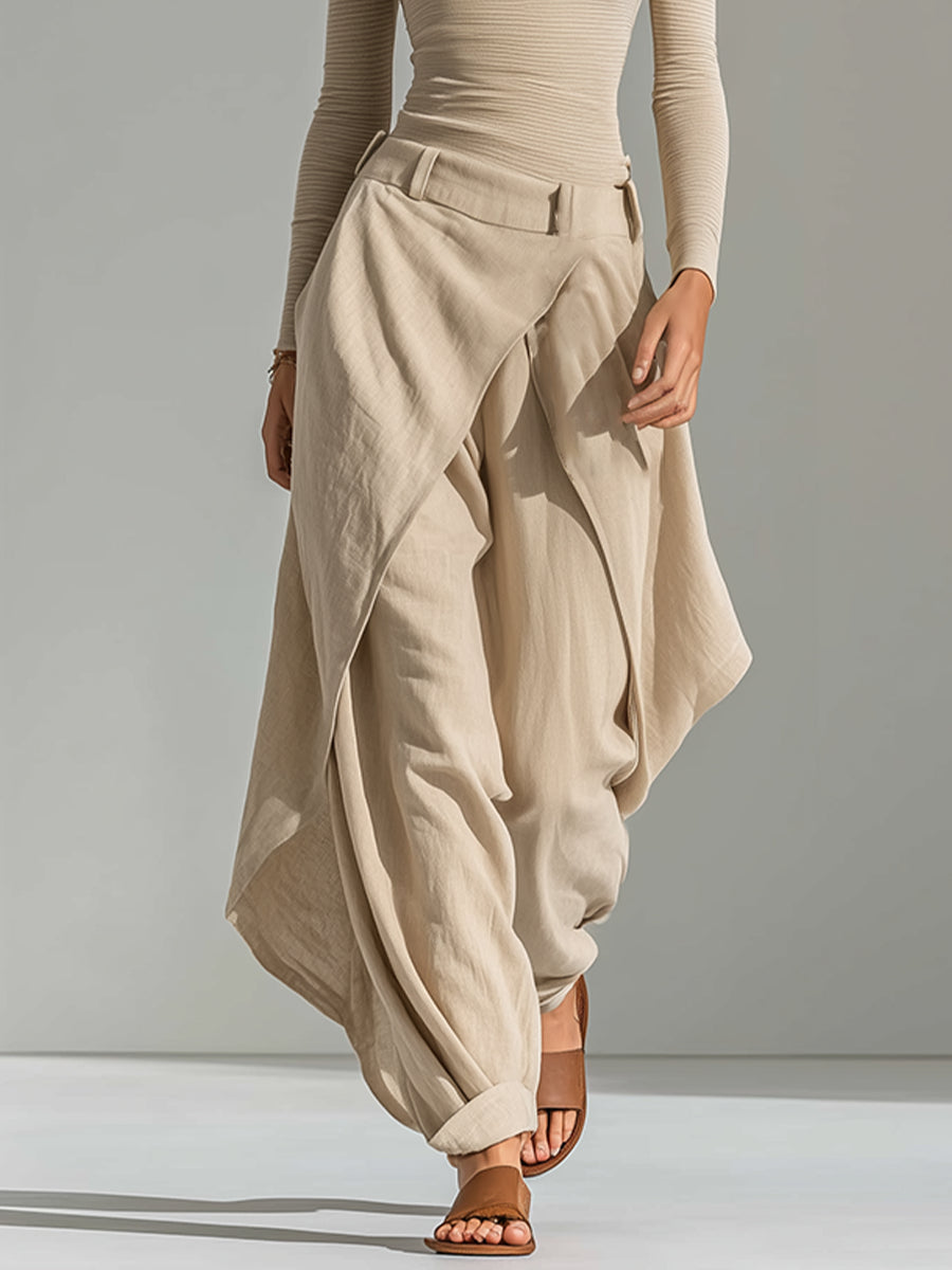 Effortless Beige Wide Leg Cargo Pants for Women with High Waist Drawstring Flowing Style