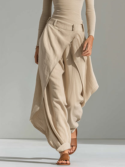Effortless Beige Wide Leg Cargo Pants for Women with High Waist Drawstring Flowing Style