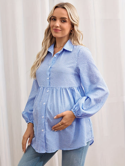 Effortless Gingham Maternity Blouse for Women with Collar Long Sleeve Button Front Babydoll Style