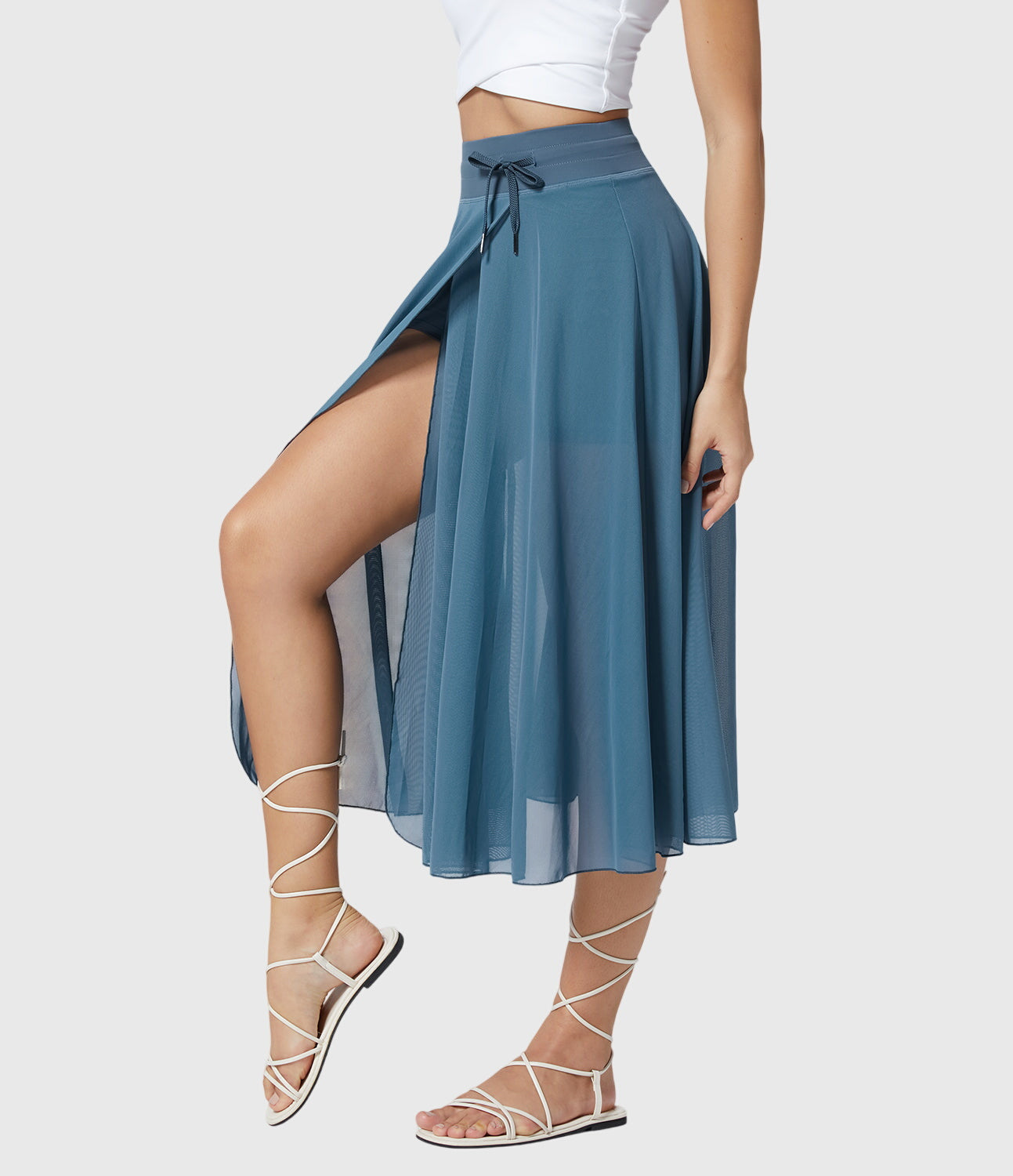 Effortless Sage Green Mesh Skirt for Women with High Waist Drawstring A Line Flowy Style
