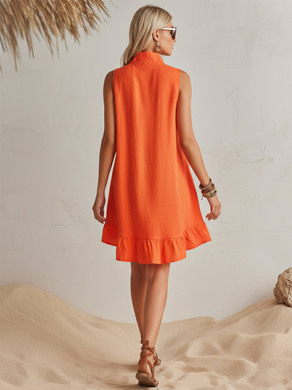 Effortless Linen Mini Dress for Women with Zip Collar Sleeveless Ruffle Hem Flowing Style
